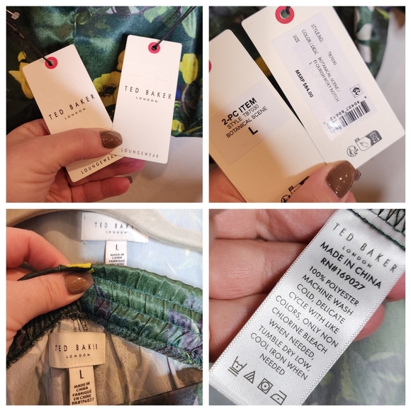 NWT Ted Baker Satin 2 Piece Pajama Set Boxy Green Botanical Birds Size Large - Picture 3 of 16